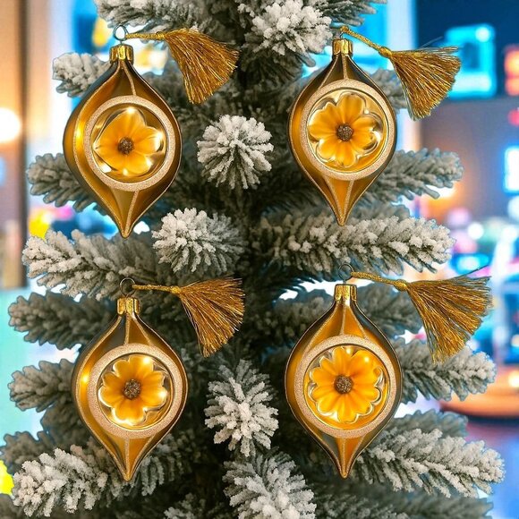 Silver Gold Teardrop Indent Glass Ornaments with Tassels Vintage Retro Set - Picture 1 of 6